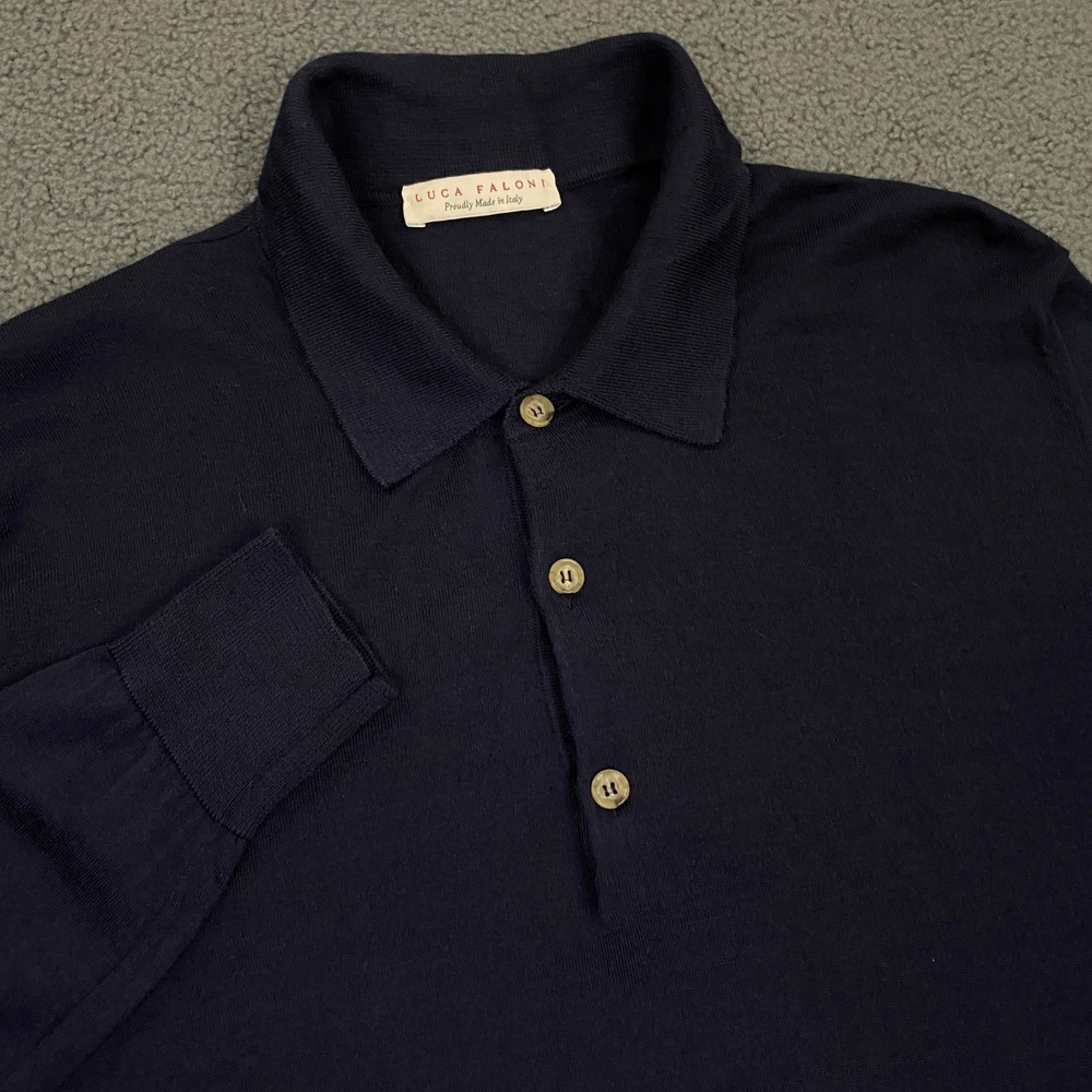 Luca Faloni Polo Shirt Men Large Slim Navy Cashmere Silk Knit Made in Italy